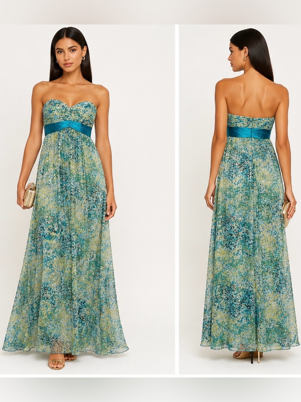 BCBGMaxAzria Teal Turquoise Strapless Metallic Floral Maxi Dress silk prom gown